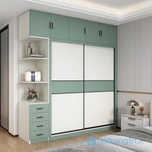 2 tủ quần áo xanh gỗ sơn cửa trượt hiện đại