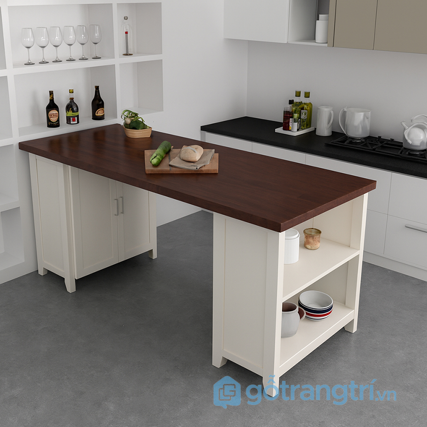 Bàn đảo bếp mặt gỗ thân tủ xám hiện đại GHS-42191