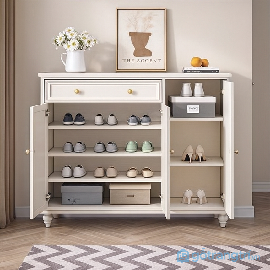 Tủ giày màu trắng gỗ sơn 3‑4 cánh