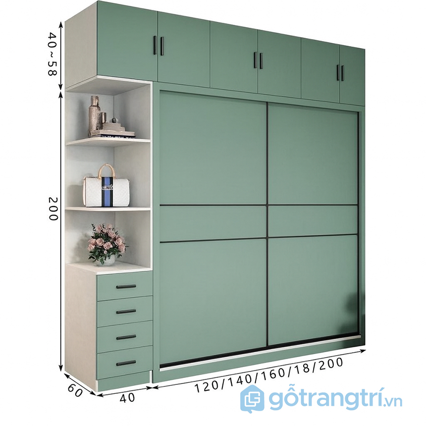 Tủ quần áo xanh gỗ sơn cửa trượt hiện đại GHS-55103