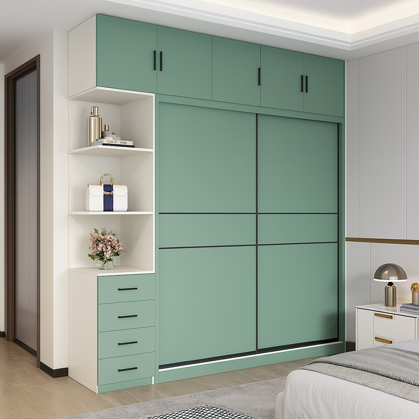 Tủ quần áo xanh gỗ sơn cửa trượt hiện đại GHS-55103