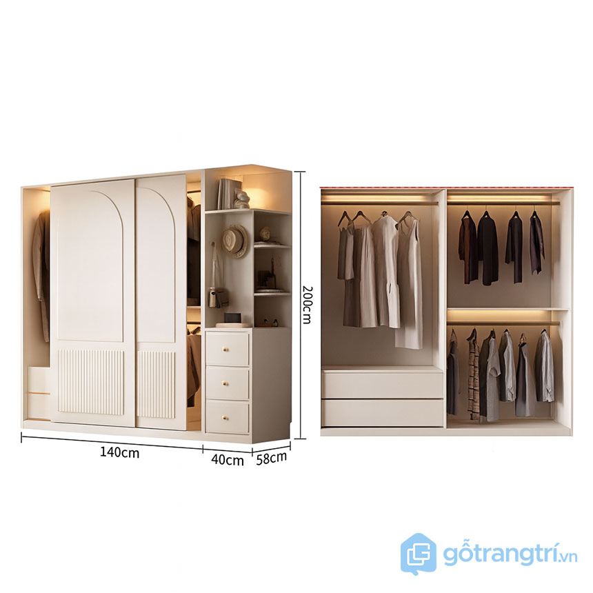 Tủ quần áo cửa lùa kết hợp kệ trang trí