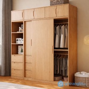 2 tủ quần áo gỗ có kệ trang trí bên hông