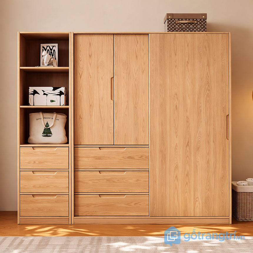Tủ quần áo gỗ có kệ trang trí bên hông