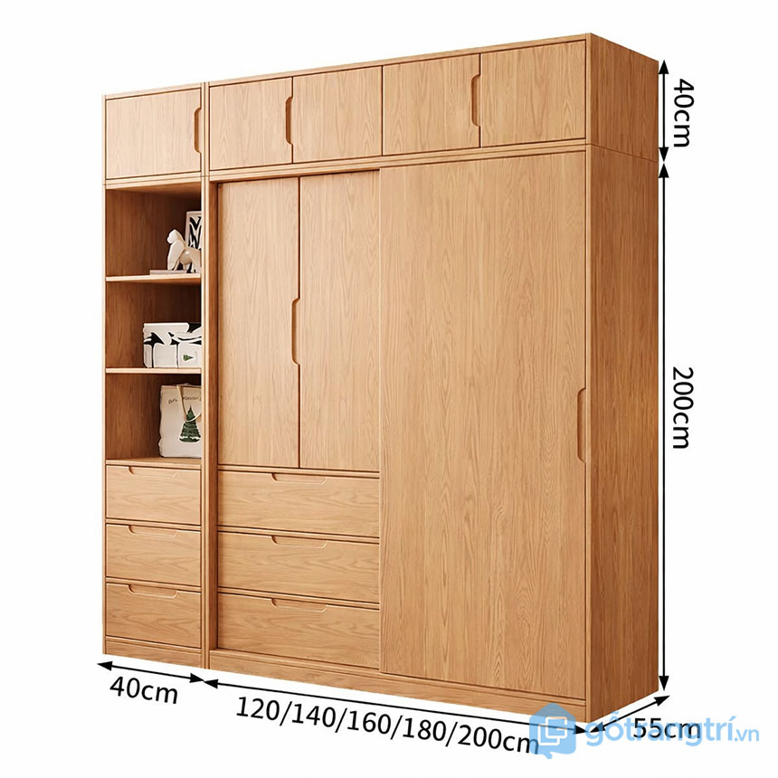 Tủ quần áo gỗ có kệ trang trí bên hông