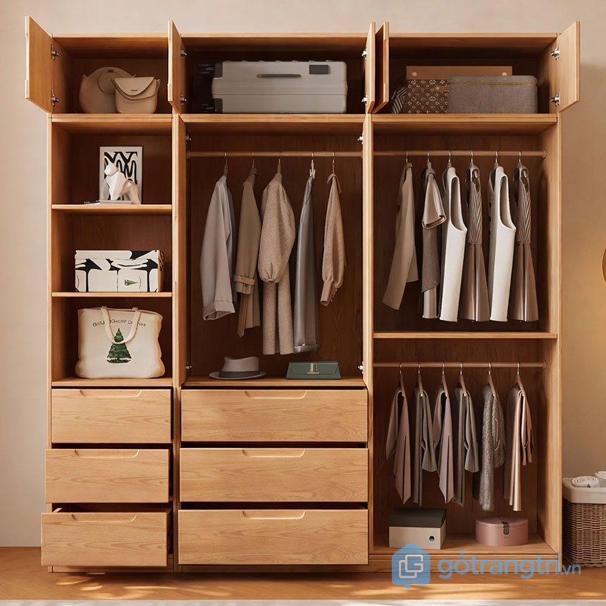 Tủ quần áo gỗ có kệ trang trí bên hông