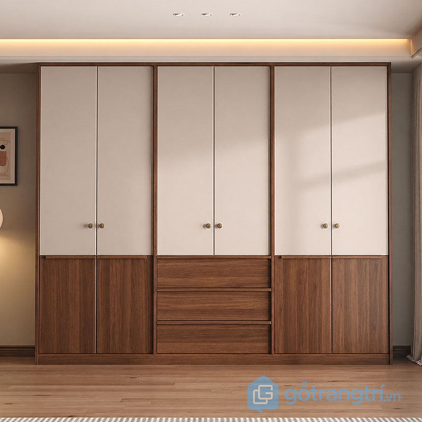Tủ quần áo gỗ 2 màu trắng nâu hiện đại GHS-55169