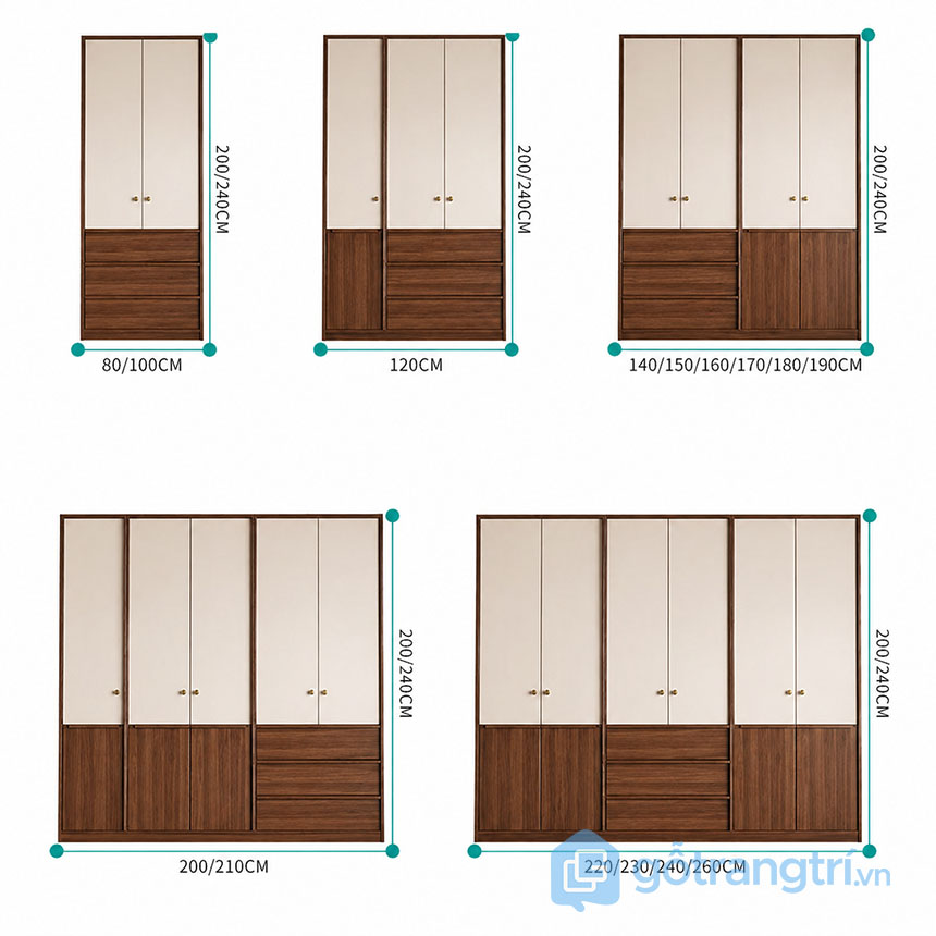 Tủ quần áo gỗ 2 màu trắng nâu hiện đại GHS-55169