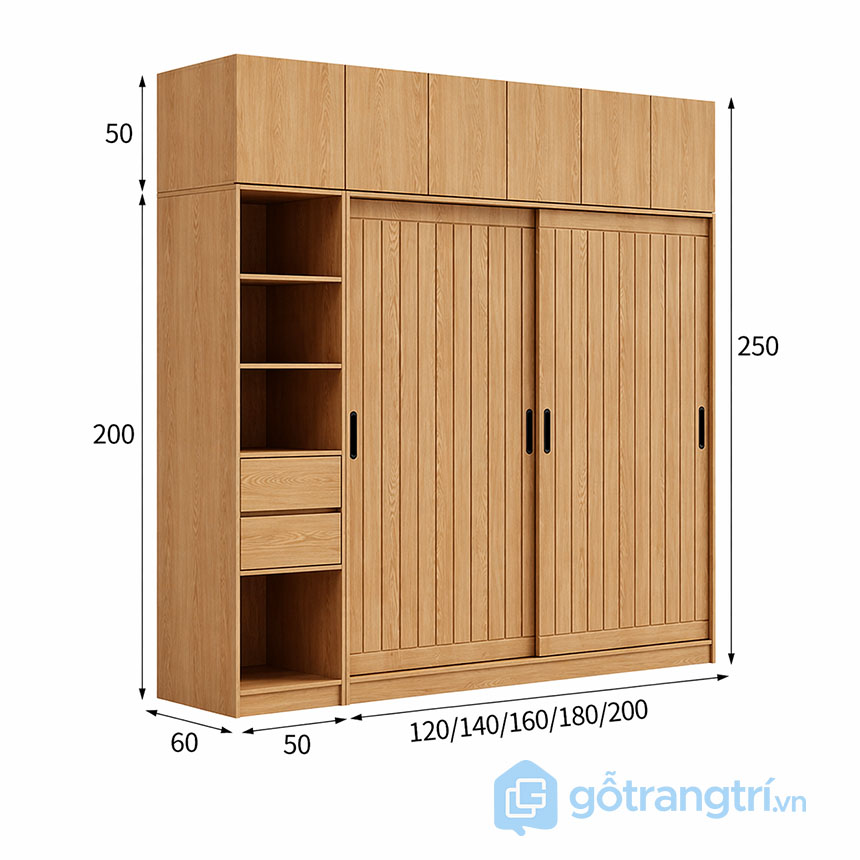 Tủ quần áo cửa lùa màu gỗ tự nhiên GHS-55164