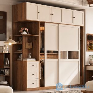 1 tủ quần áo cửa lùa kết hợp kệ trang trí hiện đại