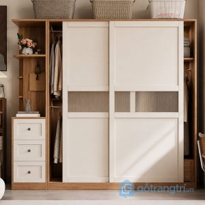 4 tủ quần áo cửa lùa kết hợp kệ trang trí hiện đại