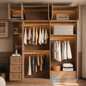 5 tủ quần áo cửa lùa kết hợp kệ trang trí hiện đại