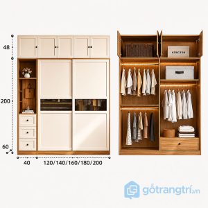 6 tủ quần áo cửa lùa kết hợp kệ trang trí hiện đại
