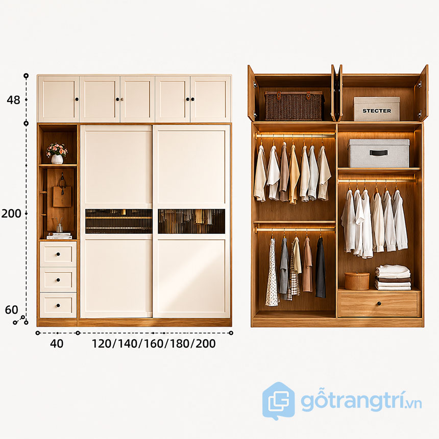 Tủ Quần Áo Cửa Lùa Kệ Trang Trí GHS-55190