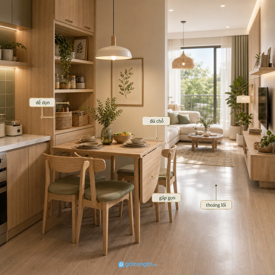 Bàn ăn gấp gọn trong căn hộ nhỏ giúp đủ chỗ ăn mà lối đi vẫn thoáng