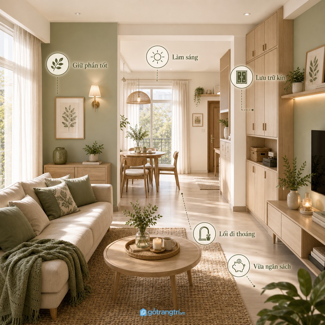 Cải tạo chung cư cũ nên bắt đầu từ đo đạc, làm sáng không gian, tăng lưu trữ và giữ lối đi thoáng