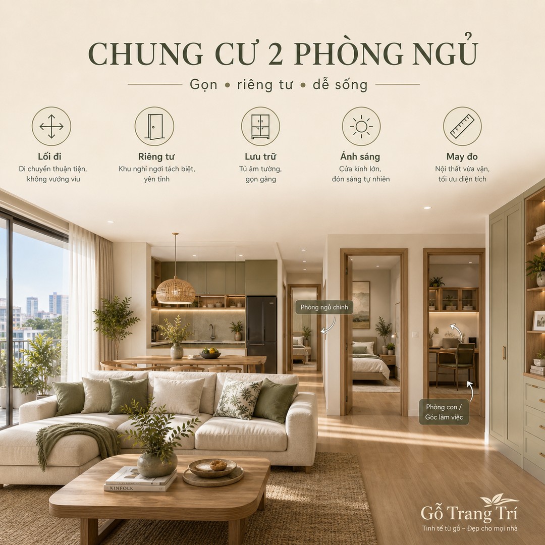 Chung cư 2 phòng ngủ cần cân bằng lối đi, riêng tư, lưu trữ và ánh sáng