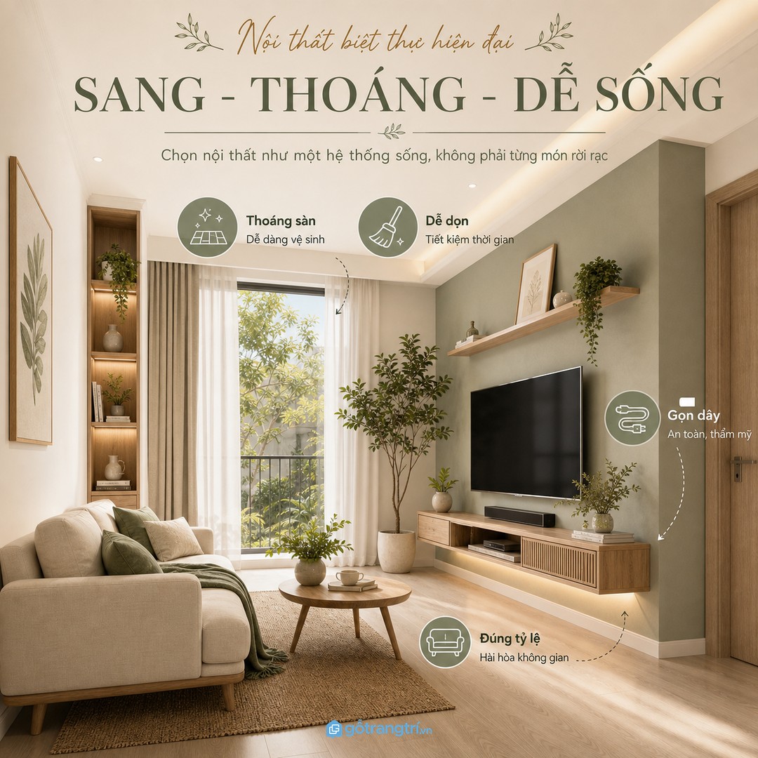 Kệ TV treo tường giúp phòng khách nhỏ thoáng sàn, gọn dây và dễ sinh hoạt hơn
