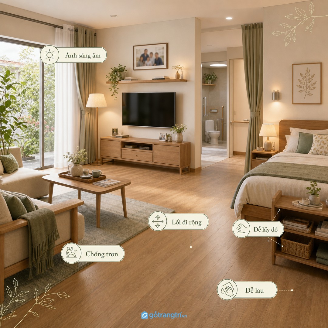 Nhà đẹp cho bố mẹ lớn tuổi cần lối đi rộng, ánh sáng ấm, đồ vừa tầm và bề mặt dễ chăm
