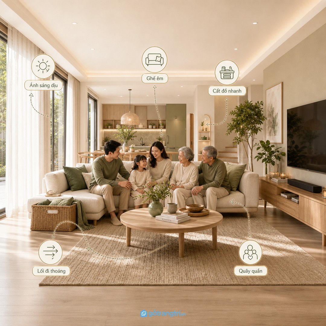 Phòng khách 3 thế hệ cần vừa êm, vừa gọn, vừa có lối đi an toàn