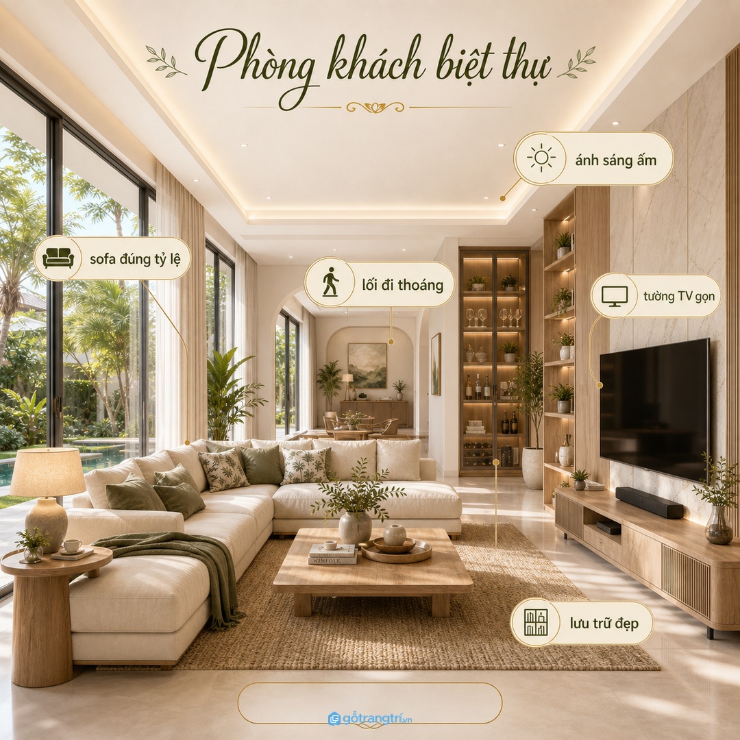 Phòng khách biệt thự cần cân bằng sofa, lối đi, ánh sáng và lưu trữ