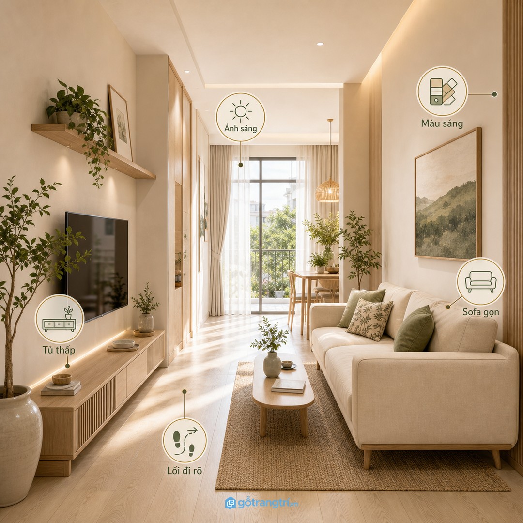 Phòng khách nhà ống hẹp cần giữ lối đi rõ, sofa gọn và ánh sáng tự nhiên