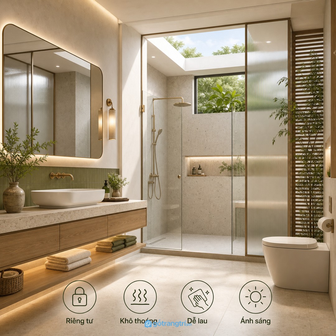 Phòng tắm master trong nhà phố cần riêng tư, khô thoáng, dễ lau và đủ sang cho sinh hoạt hằng ngày