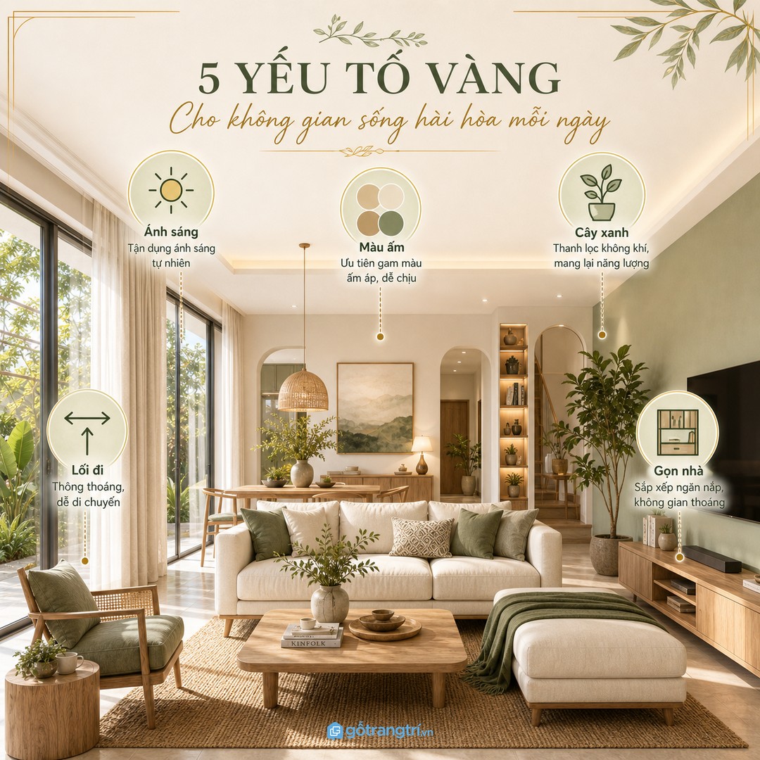 Nhà hợp phong thủy bắt đầu từ lối đi thoáng, ánh sáng dịu và màu sắc dễ sống