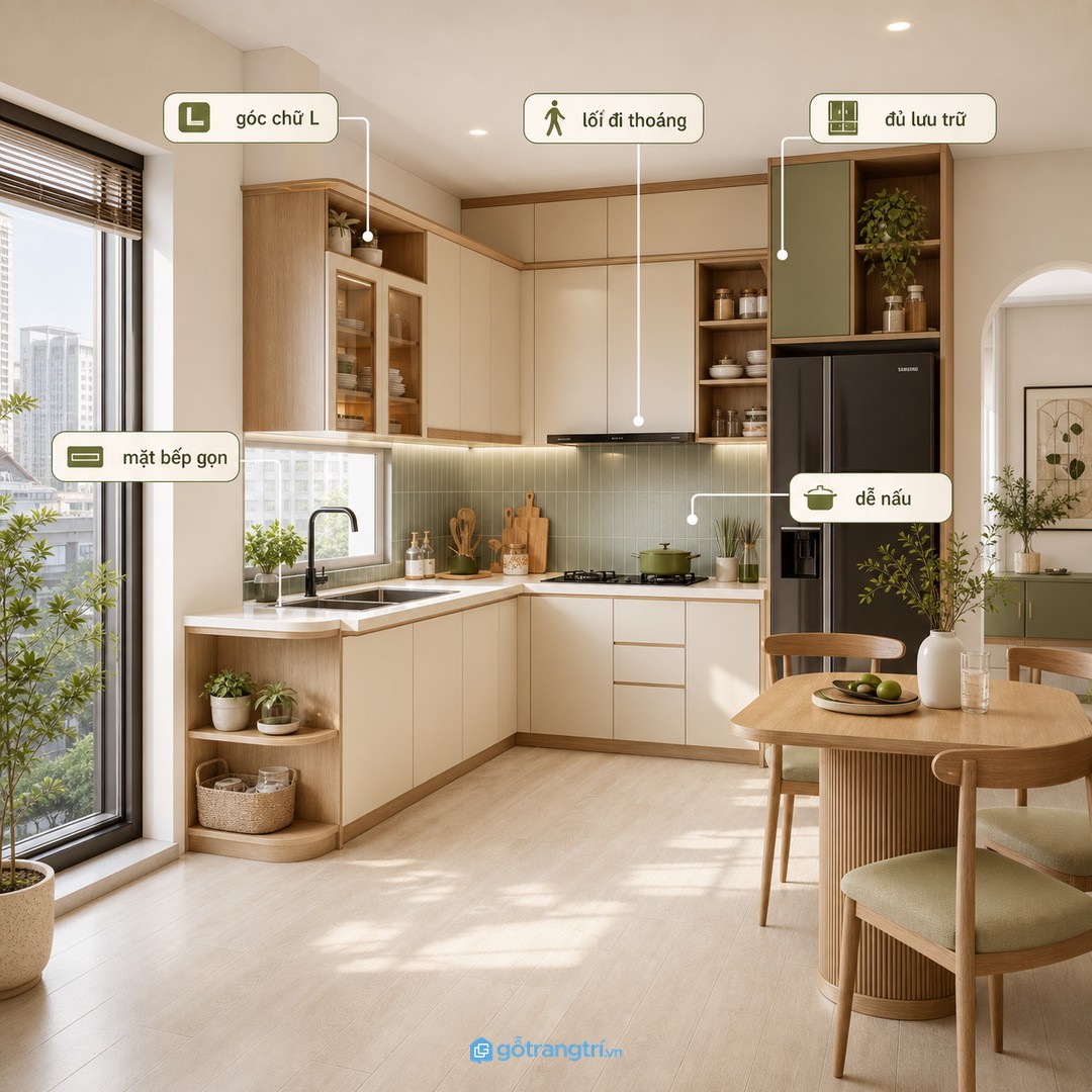Tủ bếp chữ L cho nhà nhỏ giúp gom công năng, giữ lối đi thoáng và tăng lưu trữ
