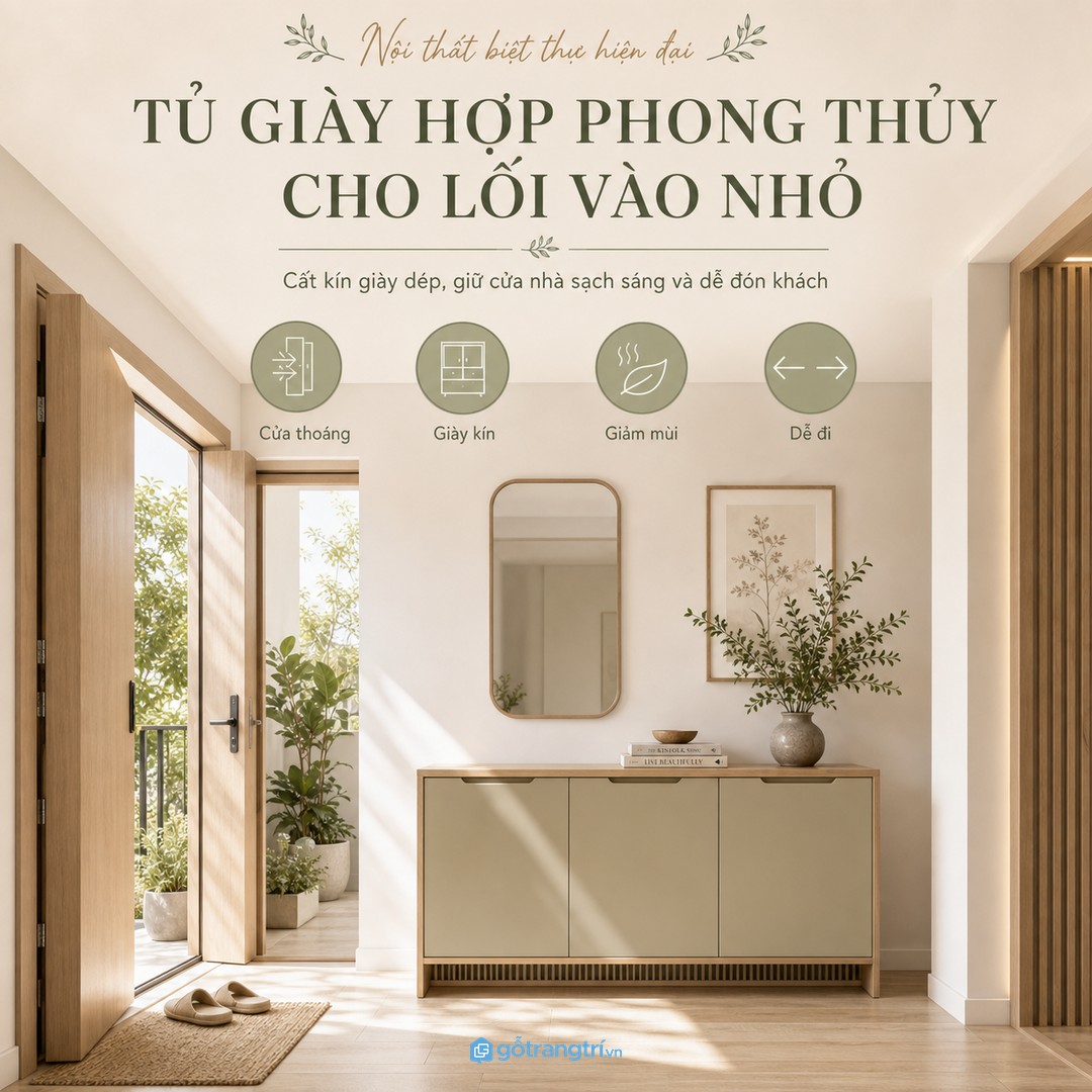 Tủ giày hợp phong thủy cho lối vào nhỏ cần giữ cửa nhà thoáng, sạch và dễ đi lại