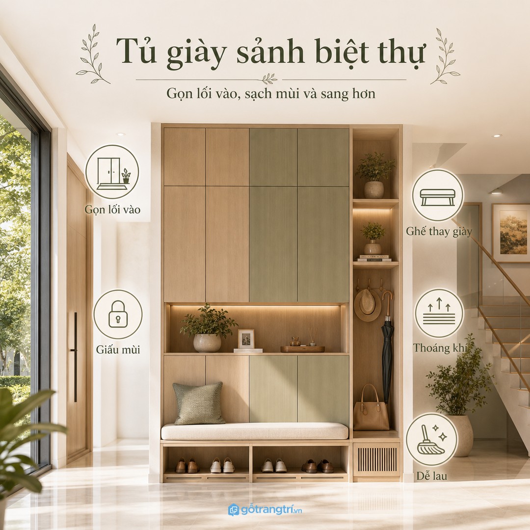Tủ giày sảnh biệt thự giúp lối vào gọn, sạch mùi và sang hơn