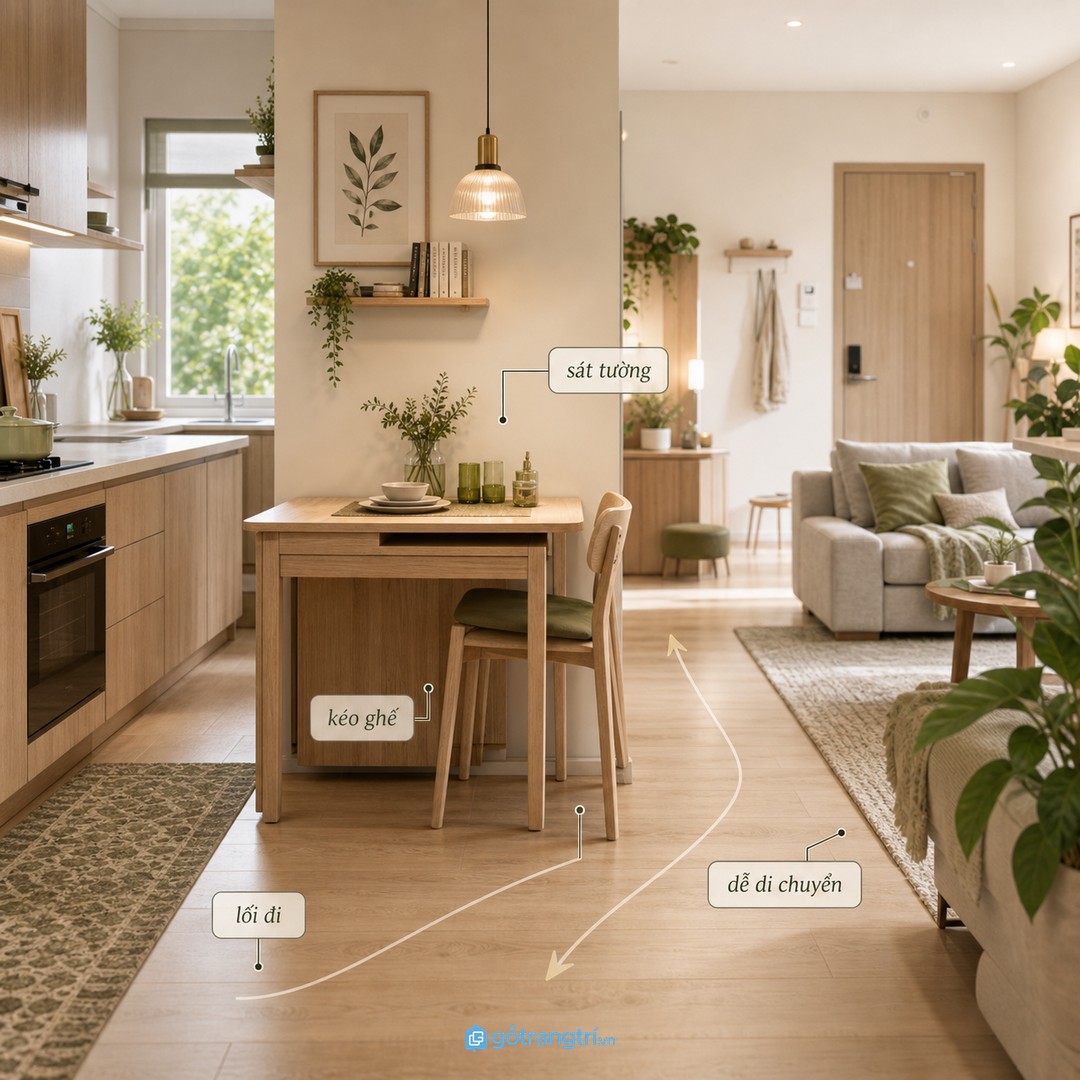 Lối đi quanh bàn ăn cần được đo trước để căn hộ nhỏ không bị nghẽn