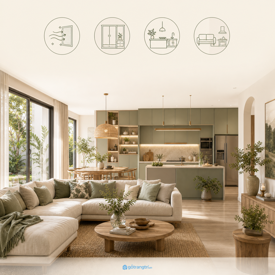 Bếp mở liền phòng khách