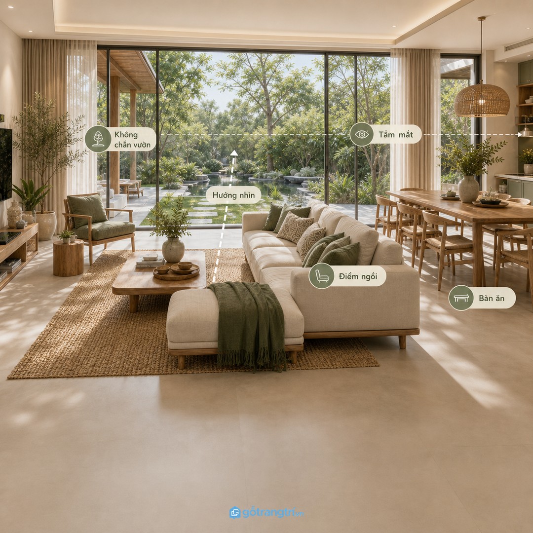 Hướng nhìn ra vườn nên quyết định vị trí sofa, bàn ăn và các điểm ngồi chính