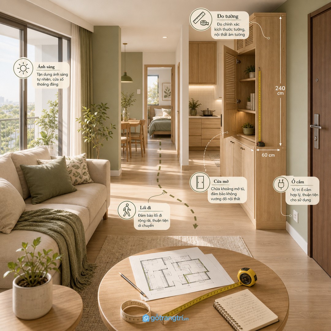 Đo lại mặt bằng giúp chọn sofa, tủ, bàn ăn và hệ lưu trữ đúng tỷ lệ căn hộ