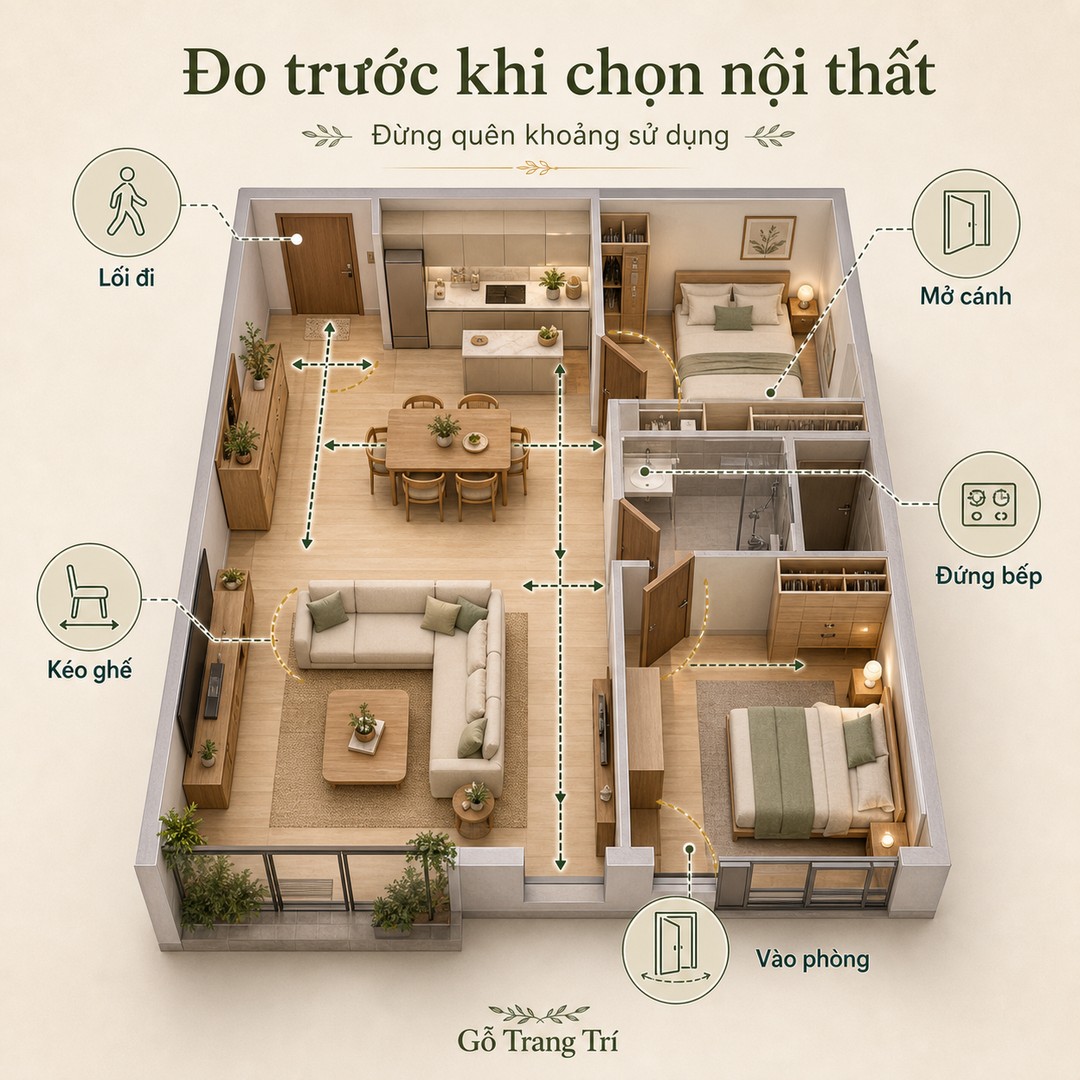 Đo lối đi, cánh tủ, khoảng kéo ghế và điểm đứng bếp trước khi chọn nội thất