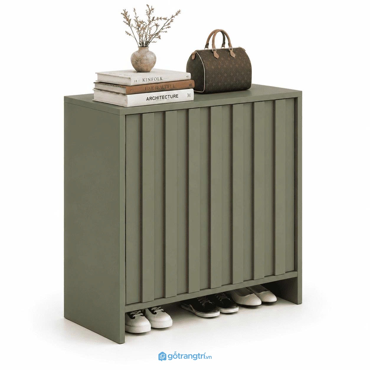 Tủ giày cánh mở màu olive rêu hiện đại