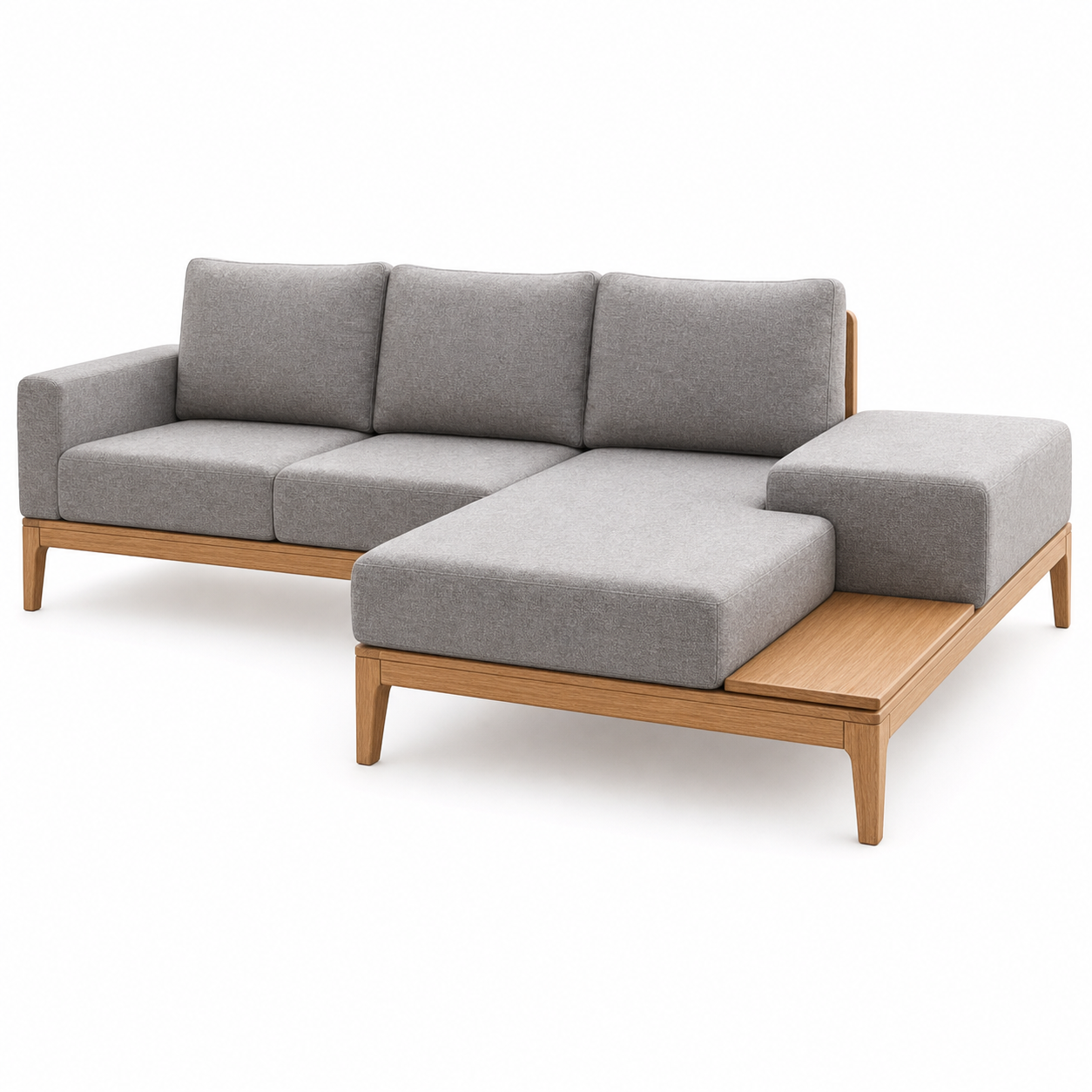Sofa chữ L màu trung tính giúp phòng khách tối giản có điểm tựa ấm và tiện nghi