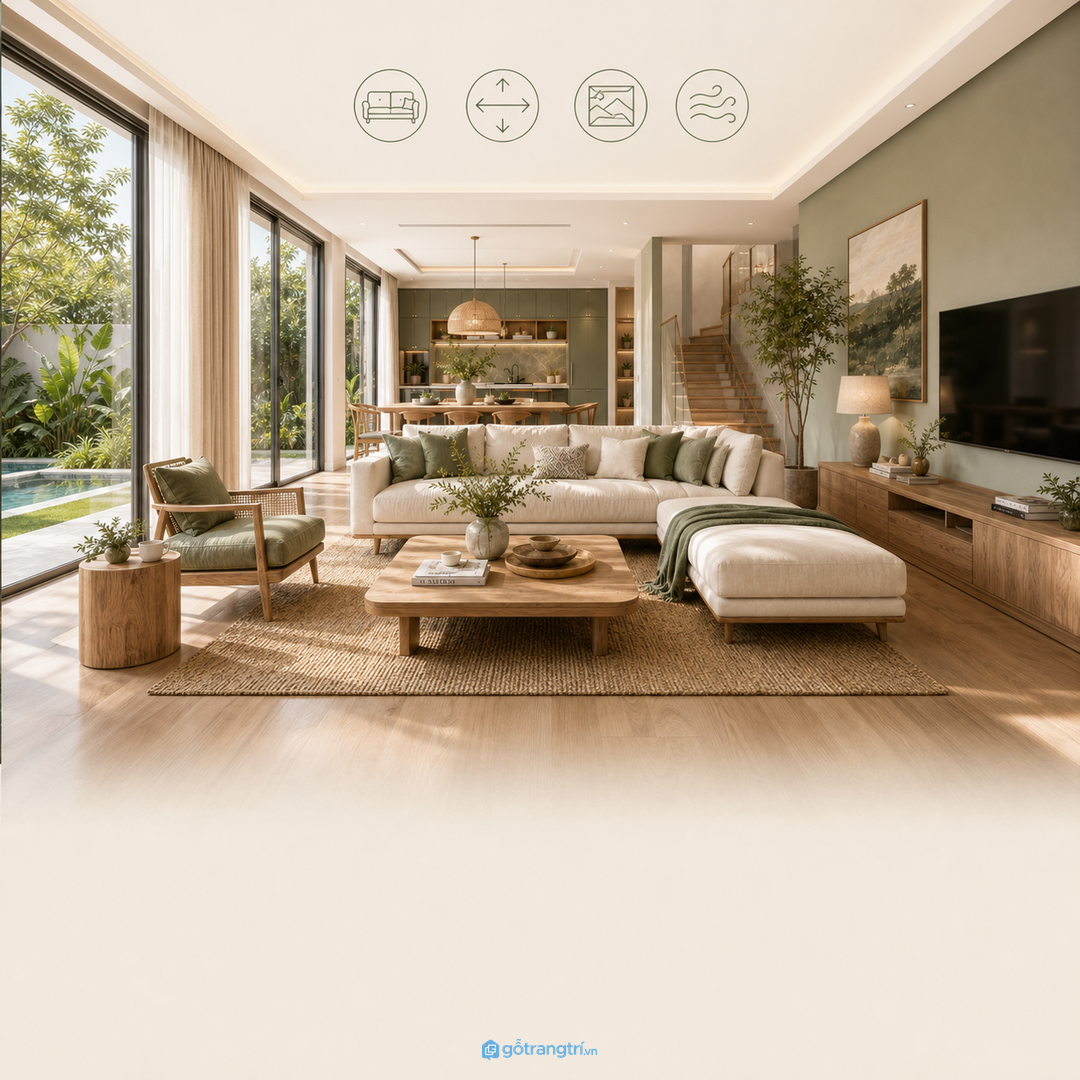 Sofa chữ L khung gỗ sồi giúp phòng khách biệt thự có điểm tựa chính cân đối