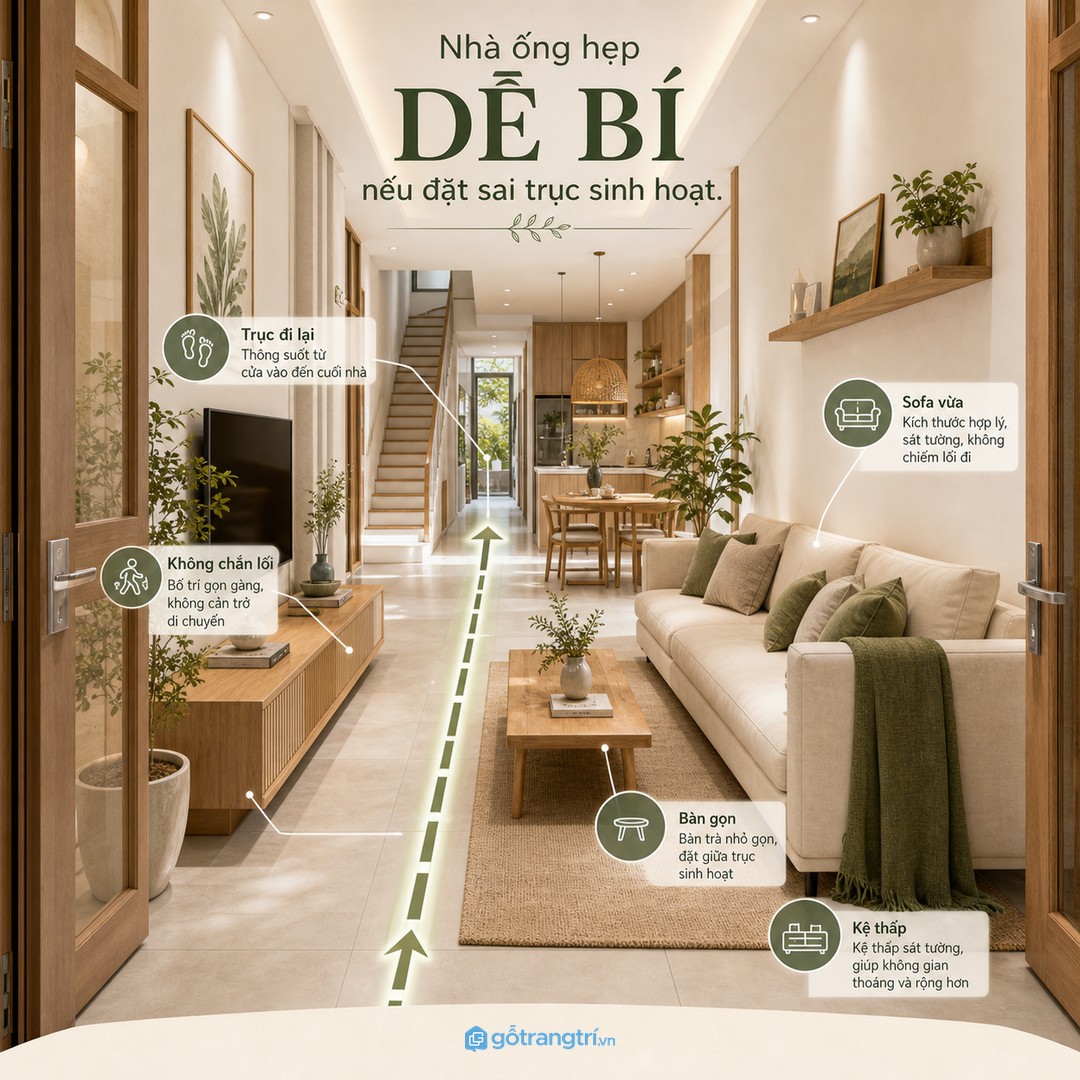 Nhà ống hẹp dễ bí khi sofa, bàn trà hoặc kệ TV cắt ngang trục đi lại