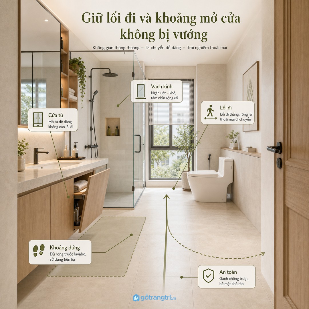 Đo lối đi, cửa tủ, cửa kính và khoảng đứng trước lavabo trước khi chốt mặt bằng