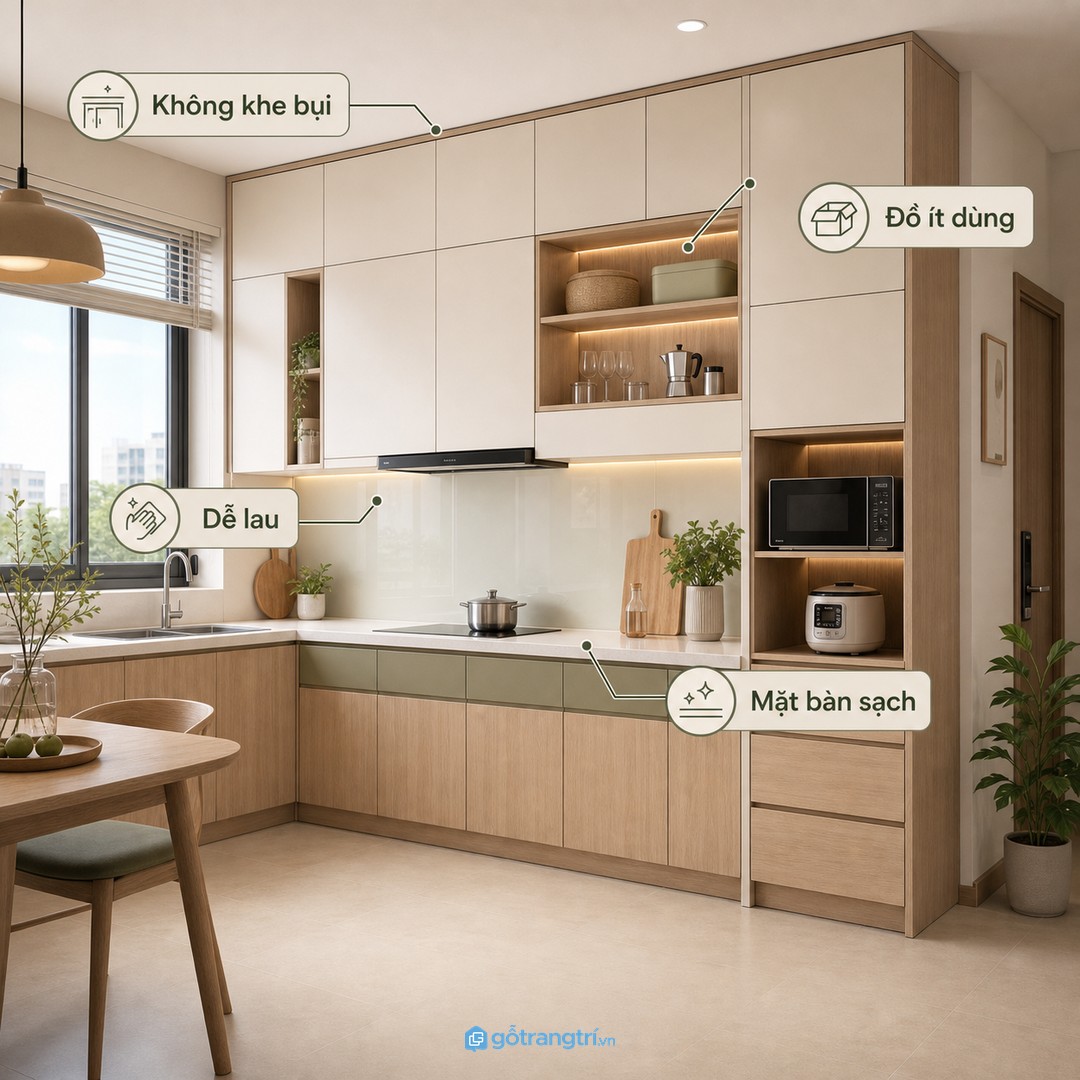 Tủ bếp kịch trần xóa khoảng hở bám bụi và giúp đồ ít dùng được cất gọn