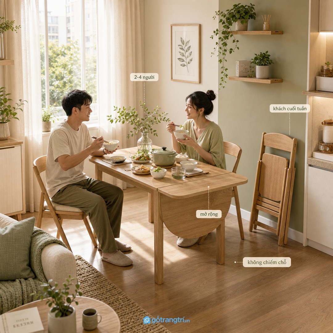 Chọn bàn theo số người ăn hằng ngày giúp căn hộ nhỏ không bị chiếm chỗ quanh năm