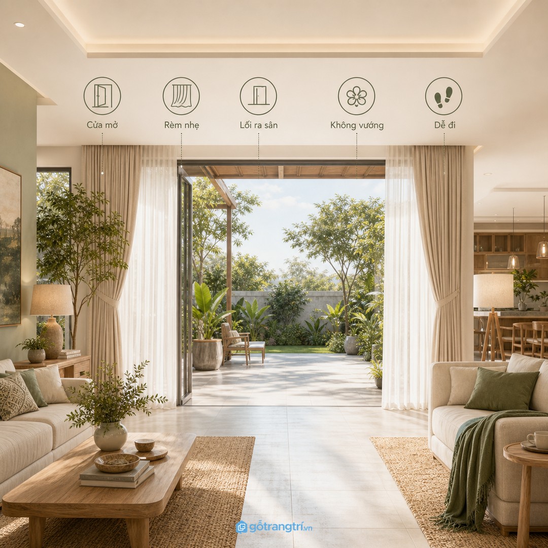 Cửa kính, rèm và lối ra sân cần thông suốt để nhà mở nhưng vẫn dễ dùng