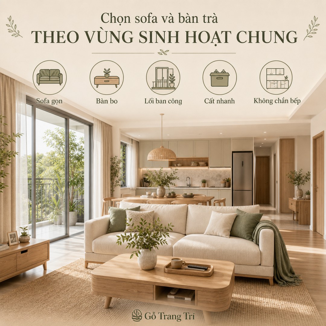 Sofa và bàn trà nên giữ lối ra ban công, đường vào bếp và điểm cất nhanh