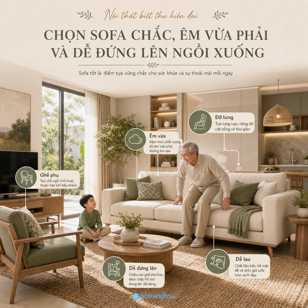 Sofa nên chắc, êm vừa phải, dễ đứng lên và đủ chỗ cho nhiều thế hệ trò chuyện