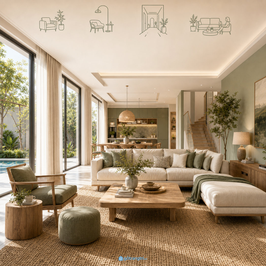 Sofa lớn cần đi cùng khoảng lùi đủ rộng để phòng khách biệt thự vẫn thoáng