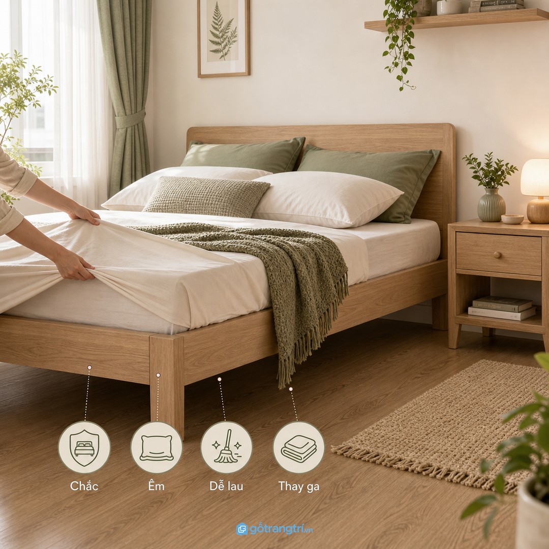 Giường cho thuê nên chắc, ít khe bụi, dễ thay ga và có chỗ cất đồ nhỏ