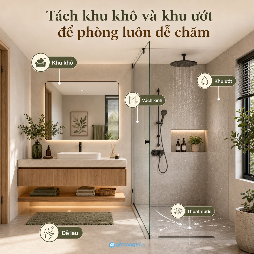 Tách khu khô và khu ướt giúp phòng tắm master dễ khô, dễ lau và bền hơn