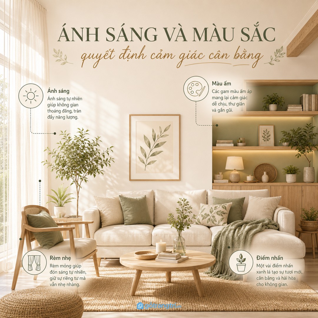 Ánh sáng và màu sắc cân bằng giúp không gian ấm, sáng và dễ chịu